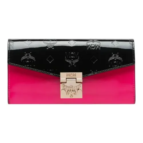 MCM Patricia Visetos Лакированная кожа Клатч Сумка через плечо Кошелек Женские Черный Неон Розовый