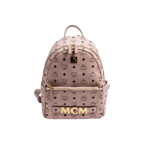 MCM Stark Visetos Покрытый холст с коровья кожа Комбинированная сумка Рюкзак Сумка Женская Розовая