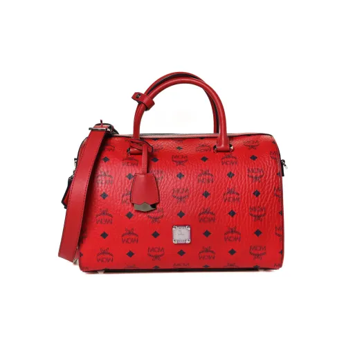 MCM Original Visetos Покрытый холст с кожаными вставками Бостон Сумка Портативная сумка через плечо Средний размер Женская Красная