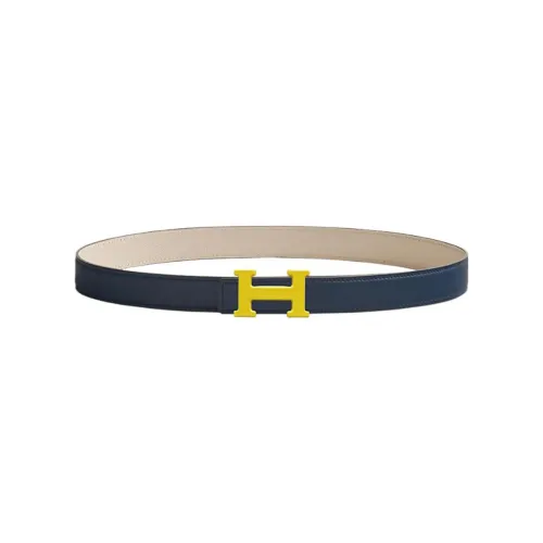 HERMES Uni Classic Logo H Email Uni Желтый Пряжка Телячья кожа Двойной Sided Кожаные ремни Женские Синий Ширина 24 мм