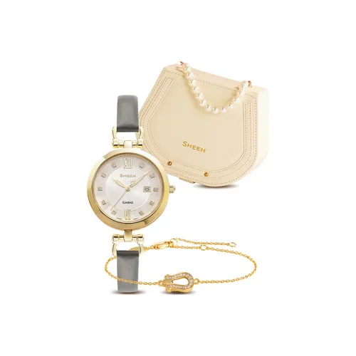 CASIO SHEEN Браслет в форме копья Особенный Коробка Кварцевый механизм Натуральная кожа Ремешок Часы Женские Серый циферблат