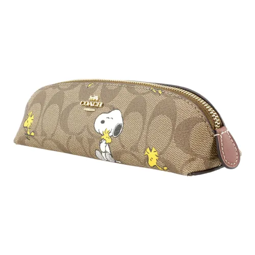 COACH Peanuts Снупи Коллаборация Пенал Холст с кожей Пенал Makeup Bag Маленький Женские Хаки