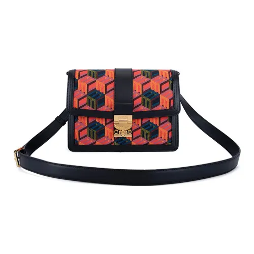 MCM Cubic Collection Monogram Жаккардовая ткань с коровьей кожей Сумка через плечо Средняя Женская Черная Красная Многоцветная