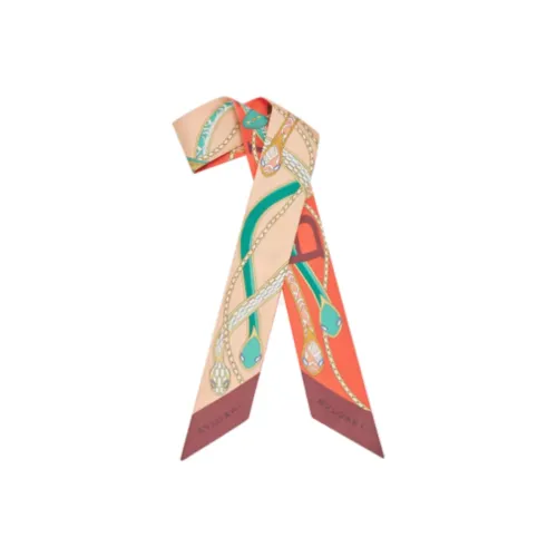 BVLGARI Serpenti 75 Мини-шарф Тонкая Шелковая Саржа Цвета Пудрово-розового Кварца И Цвета Ярко-оранжевого Сердолика С Принтом.