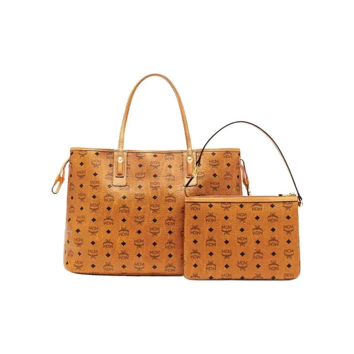 MCM Visetos Холст с кожей Комбинированная сумка Тоут сумка Сумка для покупок Сумка Женская Коричневый коньячный