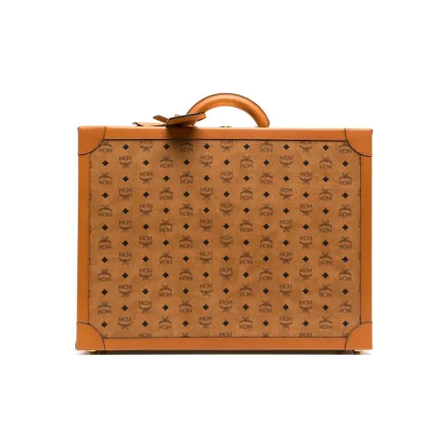 MCM Visetos Покрытый холст с кожаными вставками Сумка для путешествий Чемодан Твердый Чехол Хранение Коробка Маленький Женский Коньячный