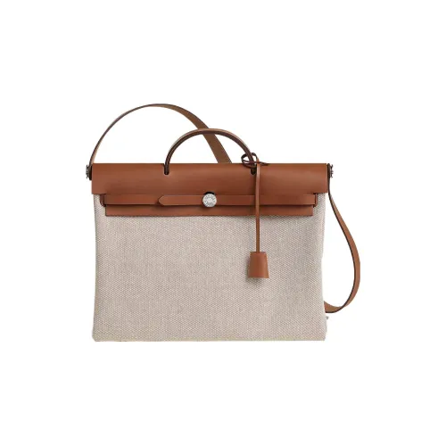 HERMES Herbag Zip H Viking Цвет холста с Hunter Коровья кожа Сумка через плечо Сумка Женские Бежевый Рыжевато-коричневый