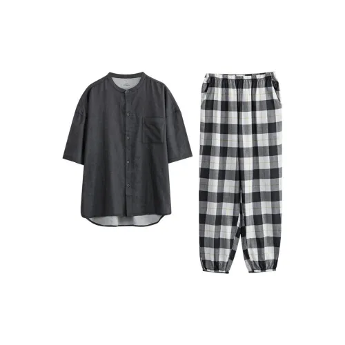 Мужской, SALT Стиль Клетчатый Серый, Короткий Рукав Рубашка и Штаны Мужской Пижамный Комплект