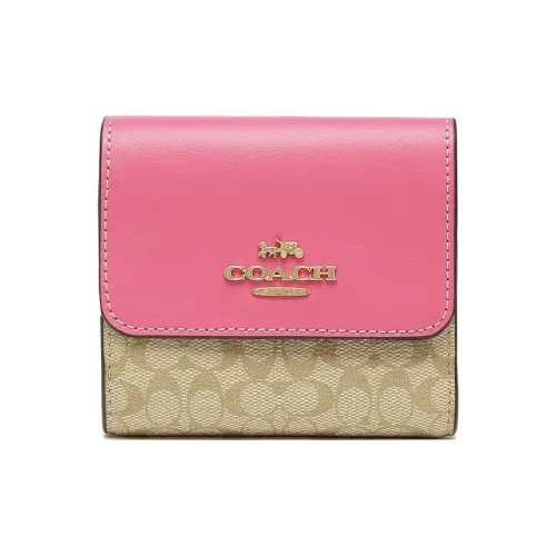 COACH Тройной складной кошелек Холст и кожа Монетница Кошелек Женские Хаки и Розовый