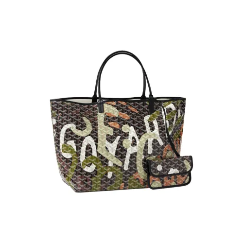 GOYARD Saint Louis Холст и Кожа Комбо Тоут Сумка Одно Плечо Сумка Большая Унисекс Черный Зеленый