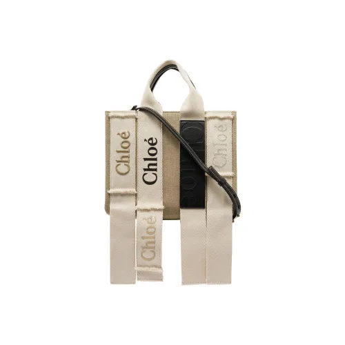 Chloe Древесная Телячья Кожа с Льняной Тканью Тоут Сумка Сумка для покупок Сумка через плечо Сумка Маленькая Женская Бежевая