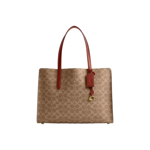 COACH Покрытый холст с утонченной телячьей кожей тоут-сумка сумка для покупок сумка на одно плечо большая женская коричневая