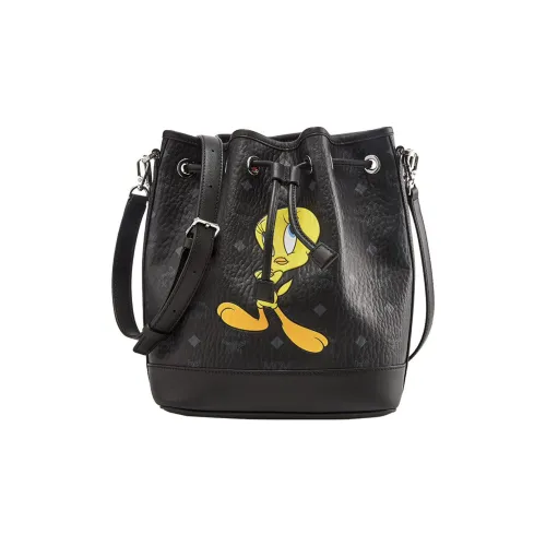 MCM Looney Tunes Коллаборация Кожаная отделка Сумка Сумка через плечо Сумка через плечо Сумка-ведро Средний Женская Черная