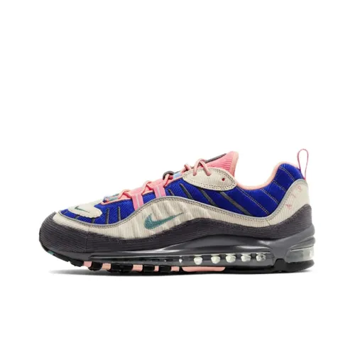 Nike Air Max 98 Амортизация Легкий Низкий Топ Беговые кроссовки Унисекс Серый Синий Вельвет Винтаж