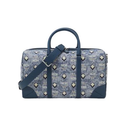 MCM Vintage Monogram Жаккардовая ткань с кожей наппа комбинированная бостонская сумка через плечо сумка среднего размера женская синяя