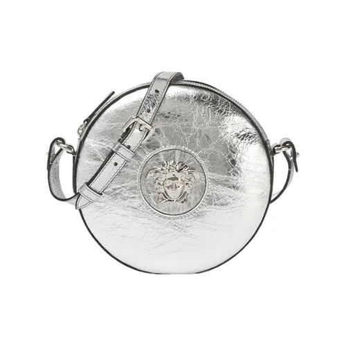 VERSACE La Medusa Кожа Маленькая Круглая Сумка Сумка через плечо Женская Серебряная