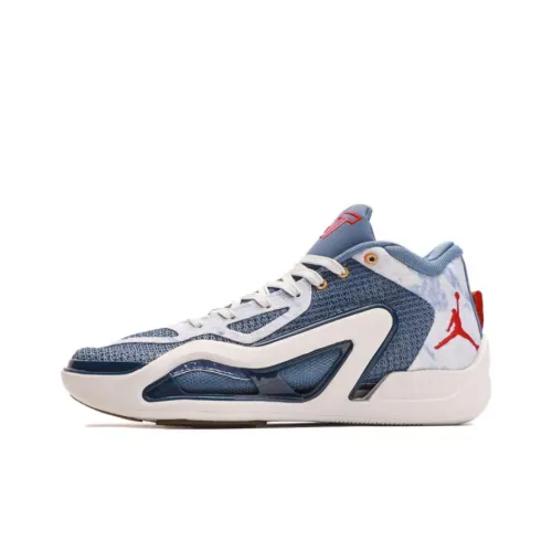 Джордан Tatum 1 'Деним' Амортизаторы Нижняя юбка Резистентный MID Баскетбольные кроссовки Мужской Синий Белый Международная версия