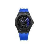 Черный корпус с черным циферблатом, синий тахометр, синий резиновый ремешок