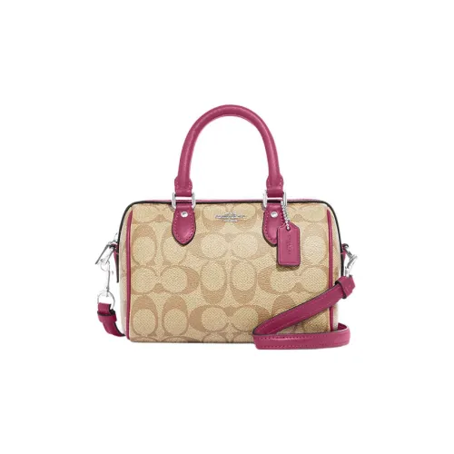 COACH Rowan Покрытый холст с кожаными вставками Бостон Сумка Сумка через плечо Мини Сумка Женская Коричневый и Фиолетовый