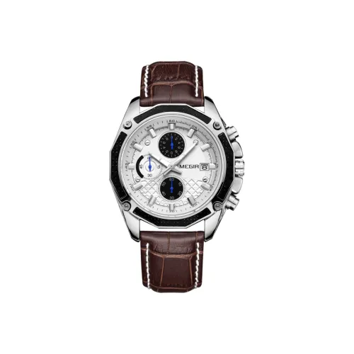 MEGIR Кварцевый механизм кожаный ремешок мужские часы белый циферблат