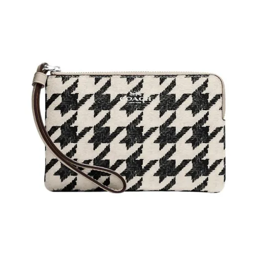 COACH Corner Zip Покрытый холст с кожаными вставками запястный клатч маленькая сумка женский черный белый