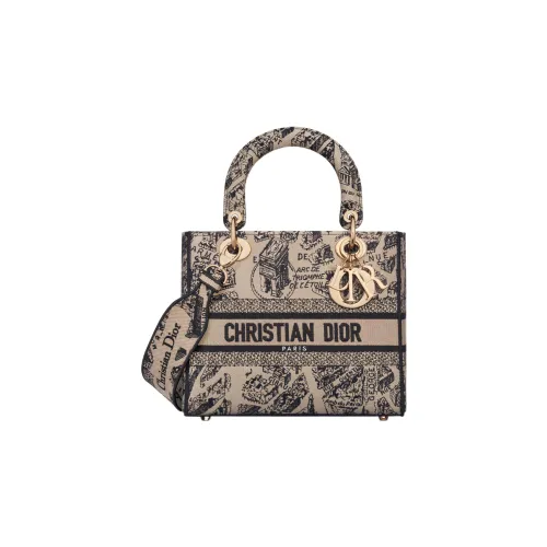 DIOR LADY D Лайт Вышивка Сумка Lady Dior Сумка через плечо Сумка среднего размера Женская Бежевая Черная