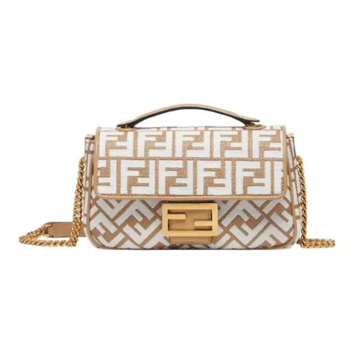 FENDI Baguette Ткани вязаные Рафия Портативный Сумки через плечо Сумка через плечо Средний Женские Коричневый белый