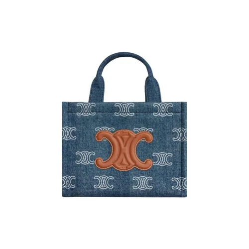 CELINE Cabas Denim с кожаными вставками Tote Bag Shopping Bag Handbag Маленький Женский Marine Blue Brown