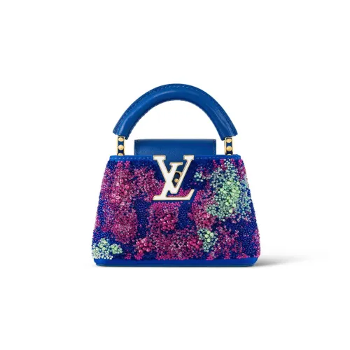 LOUIS VUITTON Capucines Вышитая версия Шелковый атлас Capison Сумка через плечо Сумка Нано Женская Синяя