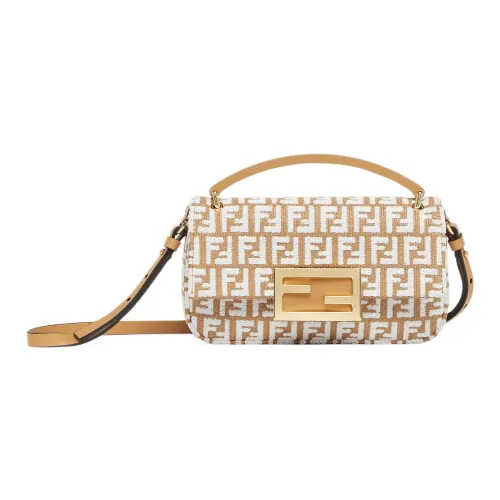 FENDI Baguette Хлопок Телячья Кожа Сумка через плечо Сумка через плечо Женская Бежевая