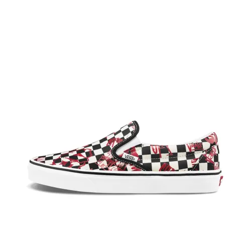 Vans CLASSIC Slip-On Low Top Скейтборд Кроссовки Унисекс Красный Текст Черный Белый Шахматная Клетка