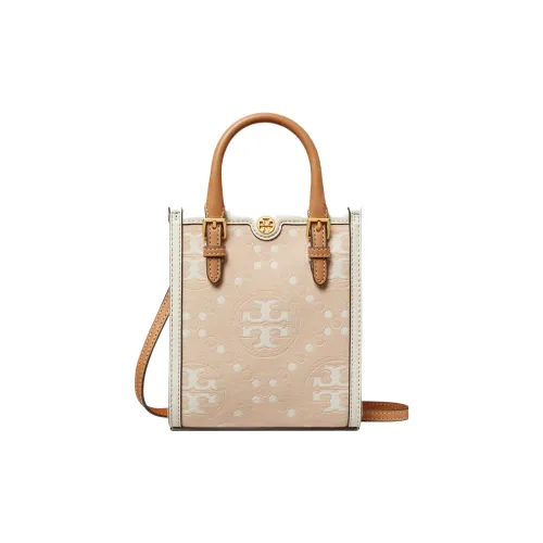 TORY BURCH T Monogram Ткань с коровьей кожей Тоут Сумка Сумка для покупок Сумка через плечо Мини Женская Светло-розовая