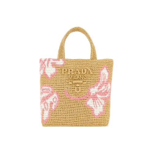 PRADA Raffia Tote Bag Shopping Bag Women's Khaki Pink