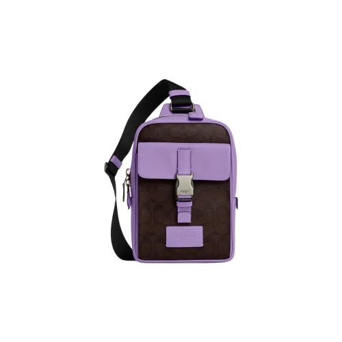 COACH Track Покрытый холст с гладкой телячьей кожей одно плечо бананка сумка Sling маленький мужской фиолетовый и коричневый