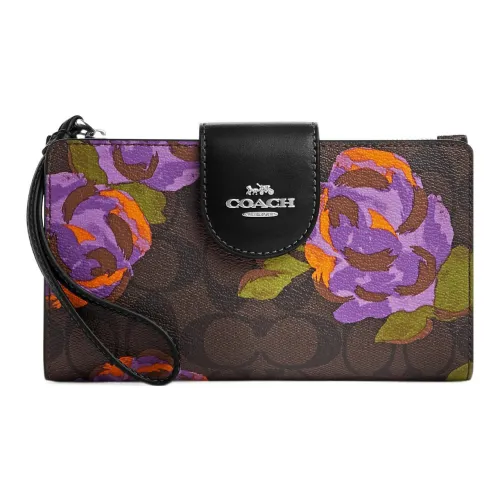 COACH Tech Wallet Холст с кожей Клатч Кошелек Маленький Женские Кофе