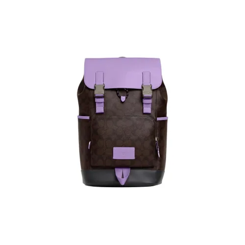 COACH Track Покрытый холст гладкая телячья кожа рюкзак большой мужской фиолетовый и кофе