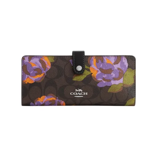 COACH Slim Wallet Холст и Кожа Клатч Кошелек Маленький Женский Коричневый и Фиолетовый Узор