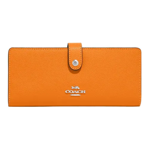 COACH Slim Wallet Крестообразная текстура Кожа Мелочь Кошелек Кошелек Женские Ярко-оранжевый