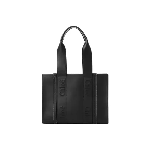 Chloe Woody Телячья кожа Тоут Сумка Сумка для покупок Сумка на плечо Сумка среднего размера Женская Черная