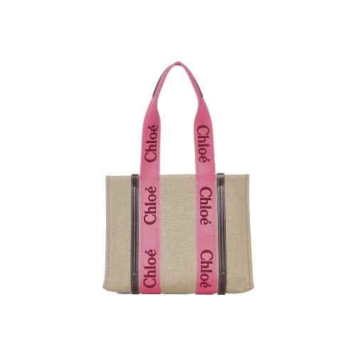 Chloe Woody Linen Canvas Calfskin Tote Bag Shopping Bag Tote Bag Medium Women's Pink Beige