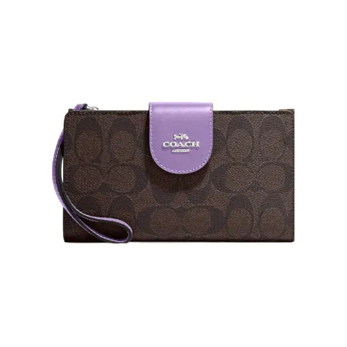 COACH Tech Wallet Холст с кожей Запястье Сумка Клатч Кошелек Маленький Женские Коричневый