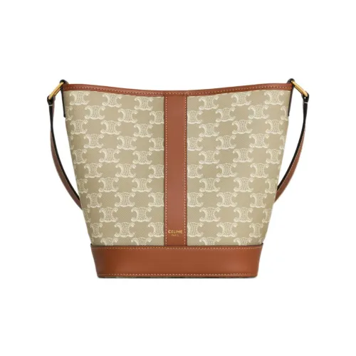 CELINE Triomphe Холст и Кожа Ведрообразная Сумка Сумка через плечо Маленькая Женская Бежевая Коричневая