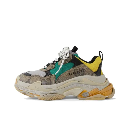 GUCCI x Balenciaga Triple S Low Топ Толстоподошвенные кроссовки Женские Хаки коричневый Эффект потертости