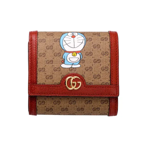 GUCCI Doraemon Collaboration Холст с кожей Кошелек Унисекс Красный Эбеновый