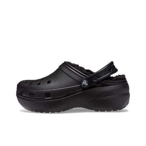 Crocs Classic Platform Lined Clog ЭВА Противоскользящие Слипоны Женские Черные Плюшевые Стельки Несъемные