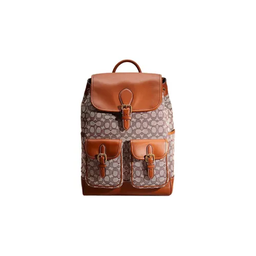 COACH Frankie Текстиль Jacquard с дубленой кожей перчаточный кожа рюкзак большой унисекс коричневый и серый