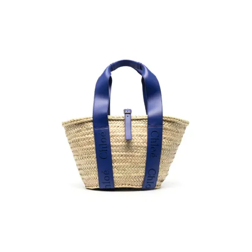 Chloe Raffia Телячья кожа Тоут Сумка Сумка для покупок Сумка через плечо Сумка среднего размера Женская Естественный и Синий