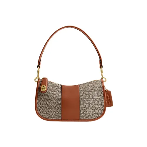 COACH Swinger Жаккард С кожаными вставками Седло Сумка Сумка через плечо Женская Коричневый Серый