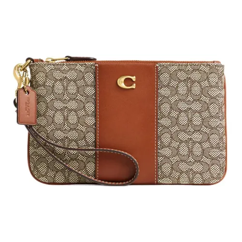 COACH Wristlet Жаккард Телячья кожа Клатч Обхват запястья Сумка Маленькая Женская Серый и Коричневый