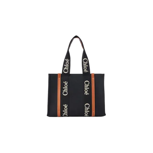 Chloe Woody Linen Canvas Calfskin Tote Bag Shopping Bag Medium Women's